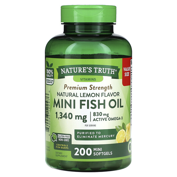 Рыбий жир Mini, премиум-сила, натуральный лимон, 1340 мг, 200 мини-желатиновых капсул (670 мг на капсулу) Nature's Truth