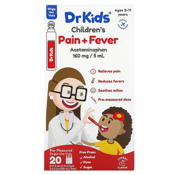 Children's Pain + Fever, возраст 2–11 лет, вишня, 20 одноразовых флаконов с предварительной дозировкой, 0,17 жидких унций (5 мл) каждый DrKids