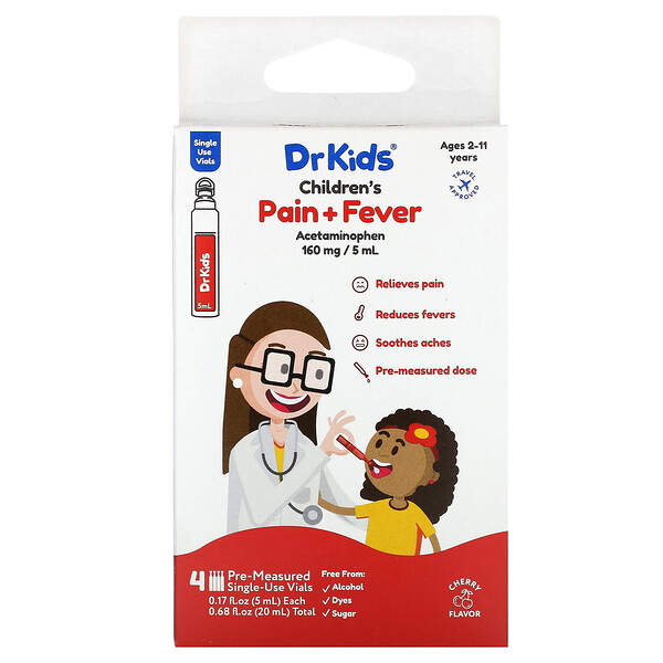 Children's Pain + Fever, возраст 2–11 лет, вишня, 4 одноразовых флакона с предварительной дозировкой, по 0,17 жидкой унции (5 мл) каждый DrKids