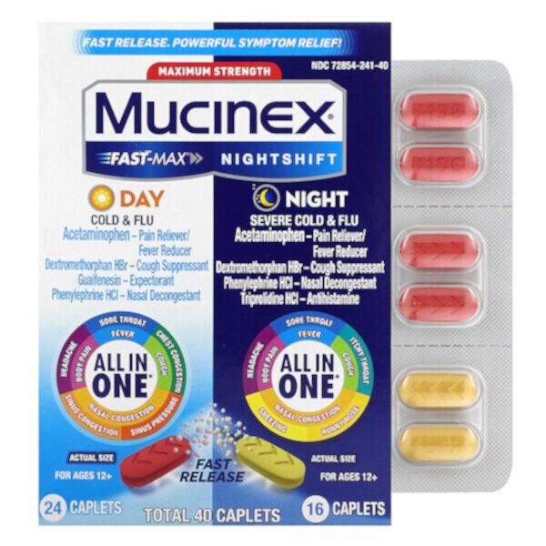 Fast-Max, дневная простуда и грипп и ночная смена, сильная простуда и грипп, максимальная сила, для детей от 12 лет, 2 флакона, 40 капсул Mucinex