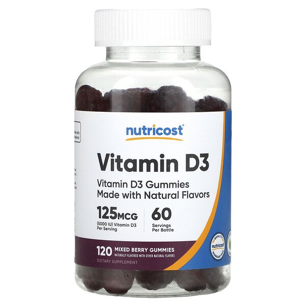 Жевательные конфеты с витамином D3, ягодная смесь, 125 мкг, 120 жевательных конфет (62,5 мг на жевательную конфету) Nutricost