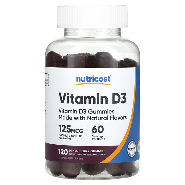 Vitamin D3 Gummies (Жевательные конфеты), Mixed Berry, 125 mcg, 120 Gummies (62.5 mg per Gummy) Nutricost