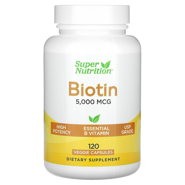 Биотин, 5000 мкг, 120 растительных капсул Super Nutrition