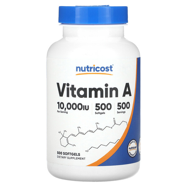 Витамин А, 10 000 МЕ, 500 мягких таблеток Nutricost