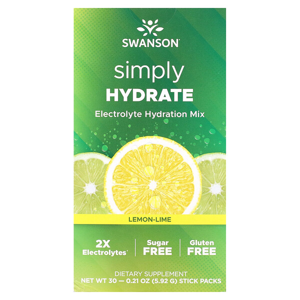 Simply Hydrate, Electrolyte Hydration Mix, Lemon-Lime, 30 Stick Packs, 0.21 oz (Унции) (5.92 g) Each Swanson