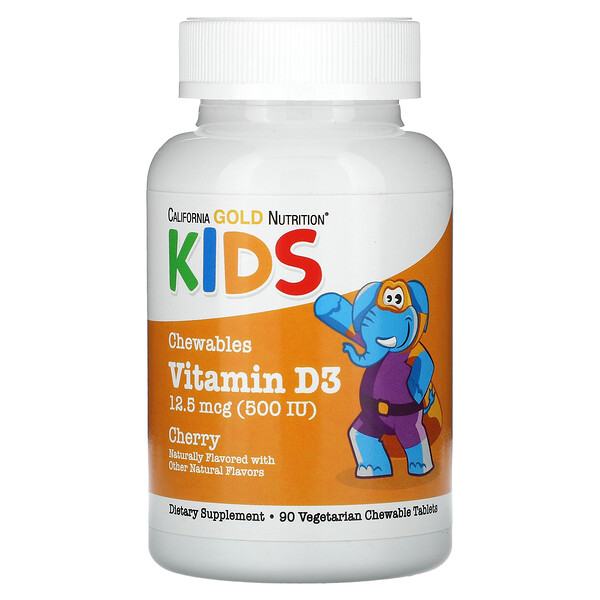 Жевательный витамин D3 для детей, натуральный вишневый вкус, 12,5 мкг (500 МЕ), 90 вегетарианских таблеток California Gold Nutrition