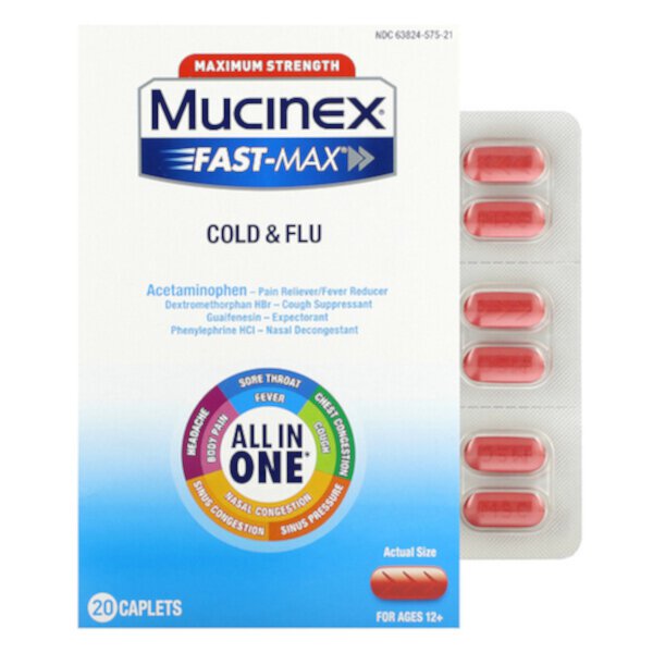 Fast-Max Cold & Flu, максимальная сила, для детей от 12 лет, 20 капсул Mucinex