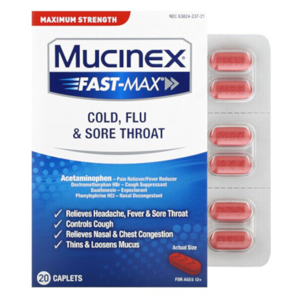Fast-Max при простуде, гриппе и боли в горле, максимальная сила, для детей от 12 лет, 20 капсул Mucinex