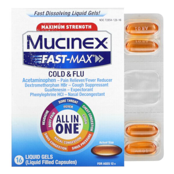 Fast-Max Cold & Flu, максимальная сила, для детей от 12 лет, 16 жидких гелей Mucinex