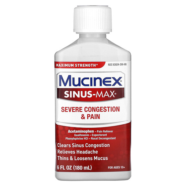 Sinus-Max, Сильная заложенность носа и боль, для детей от 12 лет, 6 жидких унций (180 мл) Mucinex