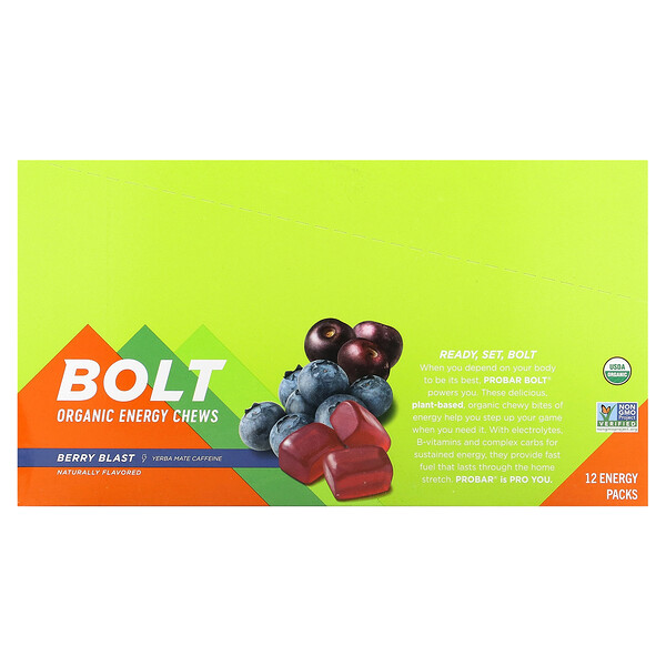 Bolt, Органические энергетические жевательные конфеты, ягодный взрыв, 12 упаковок по 2,1 унции (60 г) каждая PROBAR