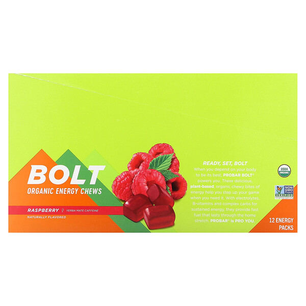 Bolt, Органические энергетические жевательные конфеты, малина, 12 упаковок по 2,1 унции (60 г) каждая PROBAR