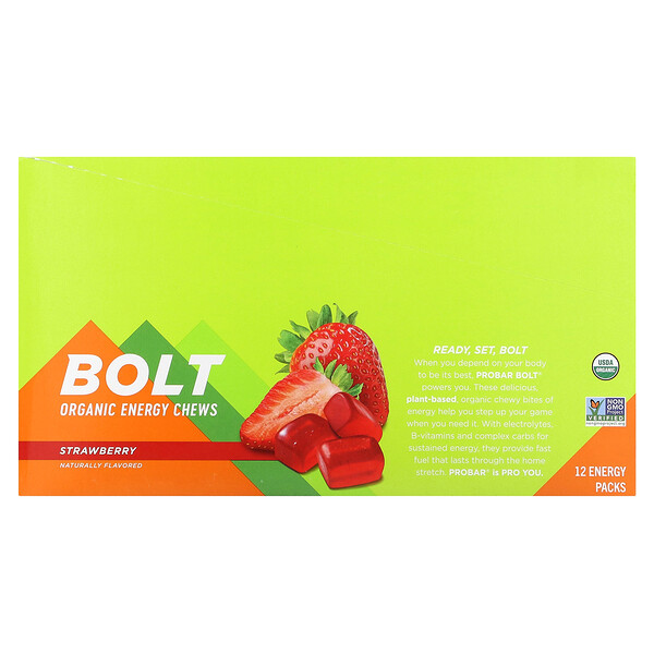 Bolt, Органические энергетические жевательные конфеты, клубника, 12 упаковок по 2,1 унции (60 г) каждая PROBAR