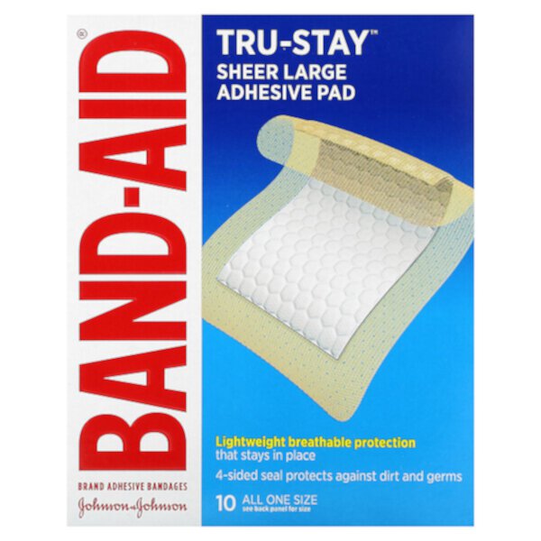 Адгезивные повязки, большая клейкая подушечка Tru-Stay Sheer, 10 подушечек Band Aid