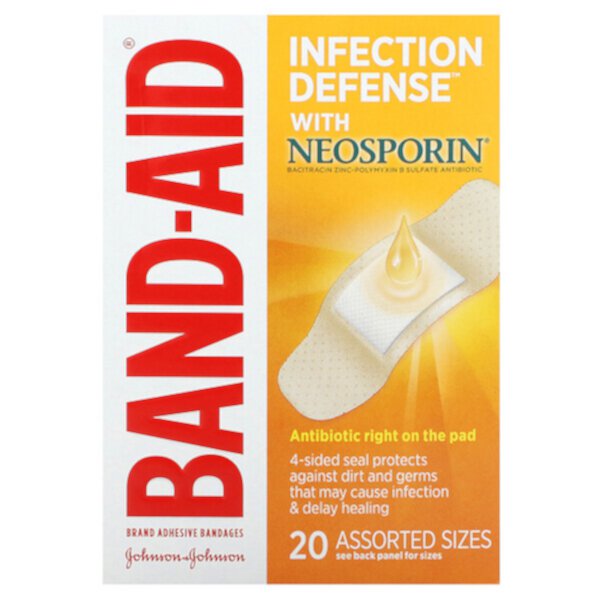 Лейкопластыри, защита от инфекций с неоспорином, 20 разных размеров Band Aid