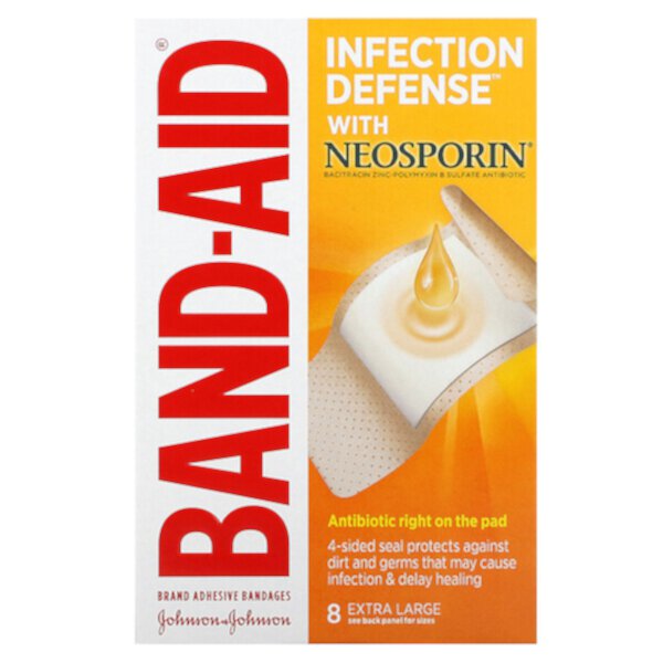 Лейкопластыри, защита от инфекций с неоспорином, очень большие, 8 бинтов Band Aid