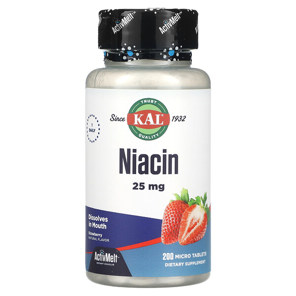 Ниацин, Клубника, 25 мг, 200 микротаблеток KAL