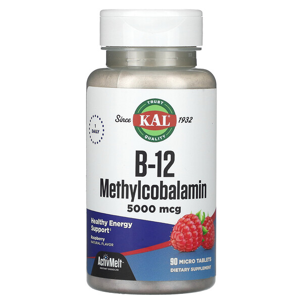 B-12 Метилкобаламин, малина, 5000 мкг, 90 микротаблеток KAL