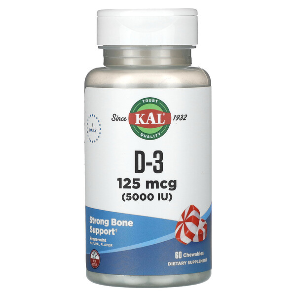 D-3, Мята перечная, 125 мкг (5000 МЕ), 60 жевательных таблеток KAL