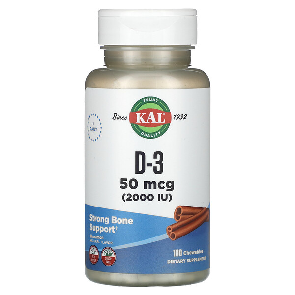 D-3, Корица, 50 мкг (2000 МЕ), 100 жевательных таблеток KAL