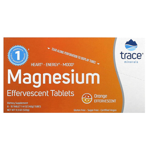 Шипучие таблетки магния, оранжевые, 8 тюбиков по 10 таблеток в каждом Trace Minerals Research