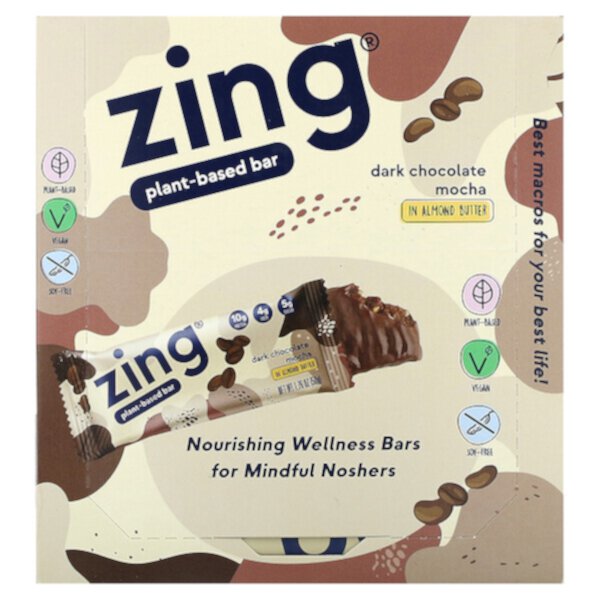 Plant-Based Bar, Dark Chocolate Mocha In Almond Butter, 12 Bars, 1.76 oz (50 g) Each Zing Bars