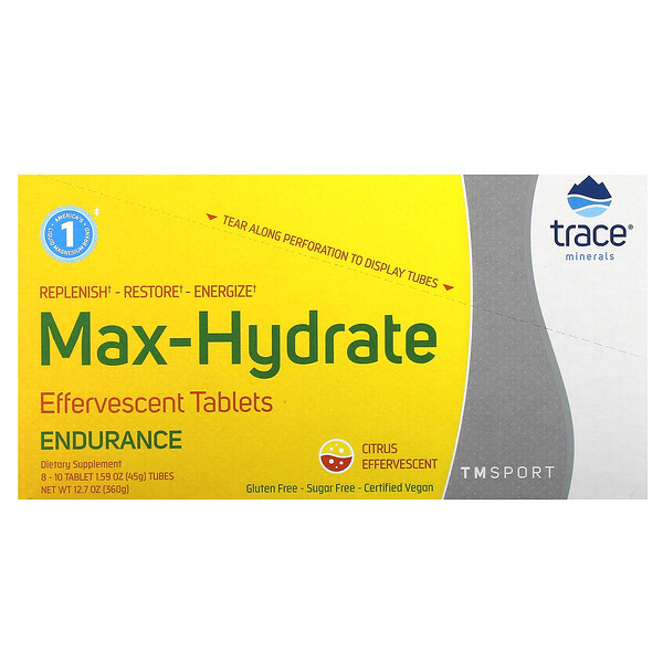 TM Sport, Шипучие таблетки Max-Hydrate Endurance, цитрусовые, 8 тюбиков, по 10 таблеток в каждом Trace Minerals Research