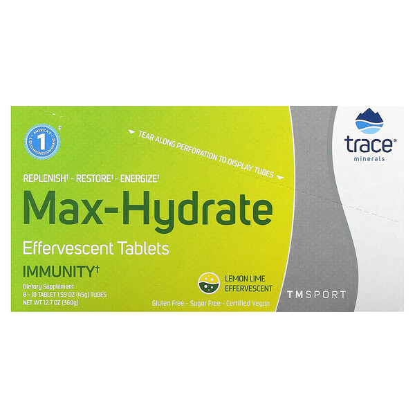 TM Sport, Max-Hydrate Immunity Effervescent Tablets (Шипучие таблетки), Lemon Lime, 8 Tubes, 10 Tablets Each Trace Minerals Research