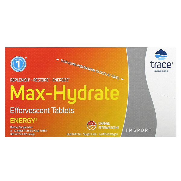 TM Sport, Шипучие таблетки Max-Hydrate Energy, оранжевые, 8 тюбиков по 10 таблеток в каждом Trace Minerals Research
