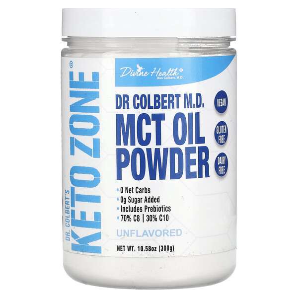 Dr. Colbert's Keto Zone, MCT Oil Powder (Порошок), Unflavored (Без вкуса), 10.58 oz (Унции) (300 g) Divine Health