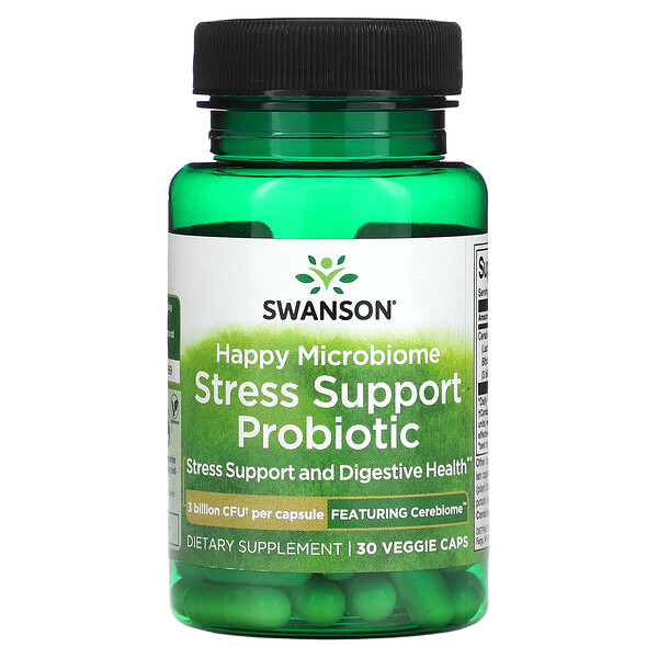 Пробиотик для поддержки при стрессе, Happy Microbiome - 3 миллиарда КОЕ - 30 вегетарианских капсул - Swanson Swanson