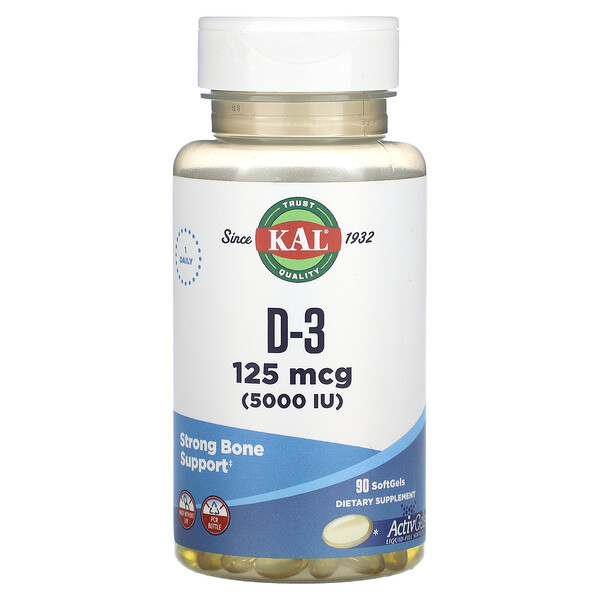 D-3, 125 мкг (5000 МЕ), 90 мягких таблеток KAL