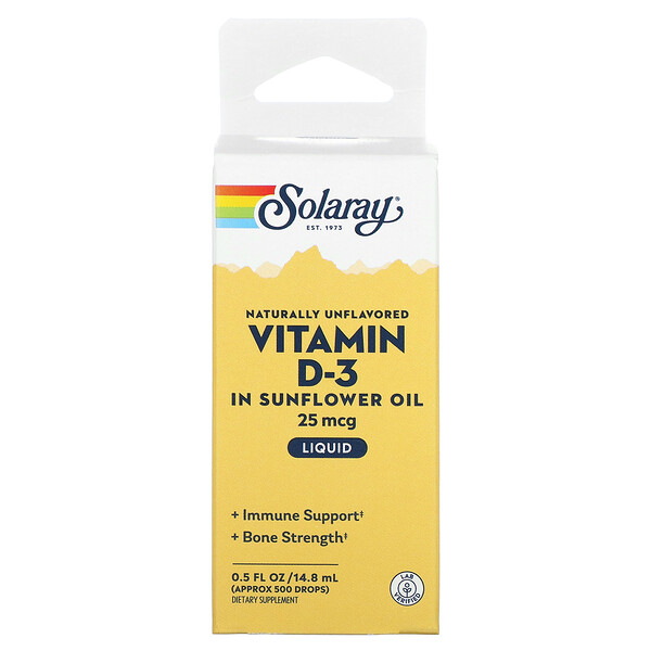 Витамин D-3 в подсолнечном масле, без ароматизаторов, 25 мкг, 14,8 мл (0,5 жидк. унции) Solaray