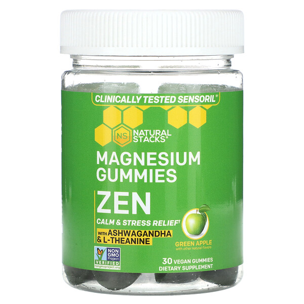 Магниевые жевательные конфеты, Zen, зеленое яблоко, 30 веганских жевательных конфет Natural Stacks