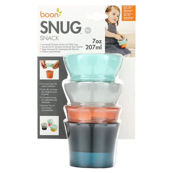 Snug Snack, Универсальная силиконовая крышка для закусок с чашкой, от 9 месяцев, 2 чашки и 2 крышки, по 7 унций (207 мл) каждая Boon
