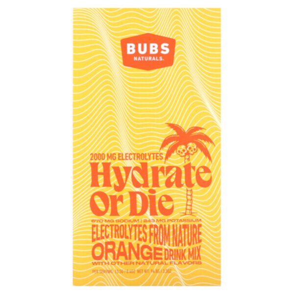 Hydrate or Die, Смесь для питья с электролитом, апельсин, 7 палочек по 0,4 унции (13,5 г) каждая BUBS Naturals