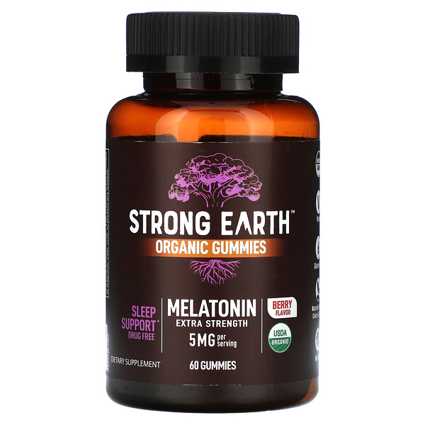 Органические жевательные конфеты Strong Earth, мелатонин, повышенная сила, ягоды, 5 мг, 60 жевательных конфет Yum V's