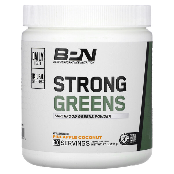 Strong Greens, Суперпродуктовый порошок зелени, ананас и кокос, 7,7 унции (218 г) Bare Performance Nutrition
