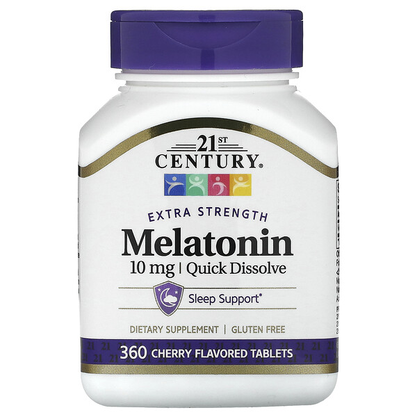 Мелатонин, Экстра Сила, Быстрорастворимый, Вишневый - 10 мг - 360 таблеток - 21st Century 21st Century