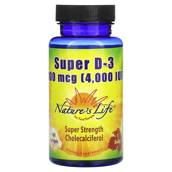 Супер D-3, 100 мкг (4000 МЕ), 100 мягких таблеток Nature's Life