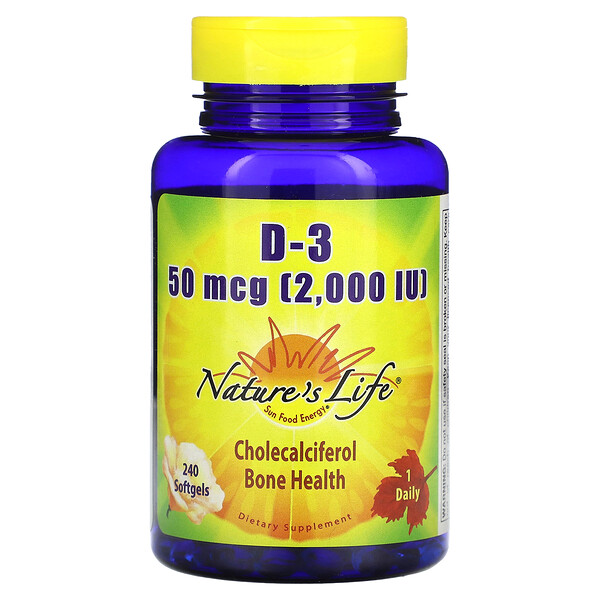 D-3, 50 мкг (2000 МЕ), 240 мягких таблеток Nature's Life