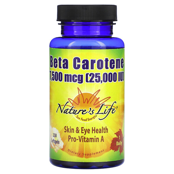 Бета-каротин, 7500 мкг (25 000 МЕ), 250 мягких таблеток Nature's Life