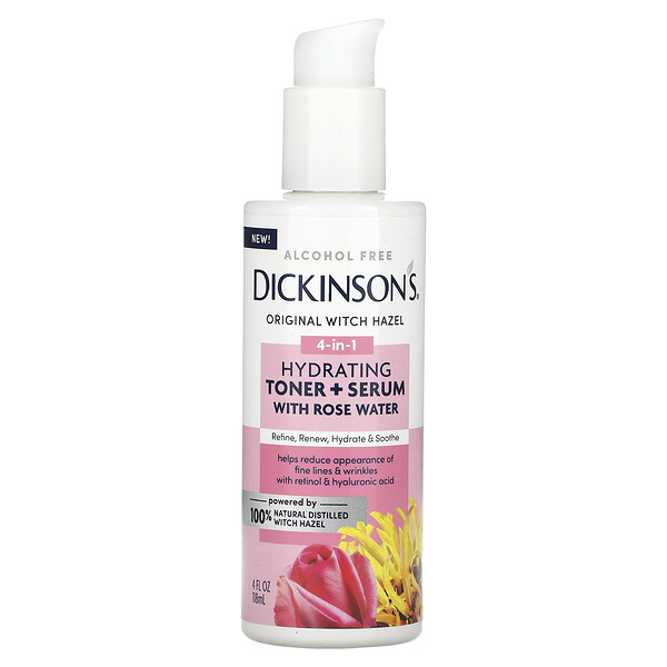 Original Witch Hazel, 4-in-1 Hydrating Toner + Serum with Rose Water, Alcohol Free, 4 fl oz (118 ml) Dickinson Brands
