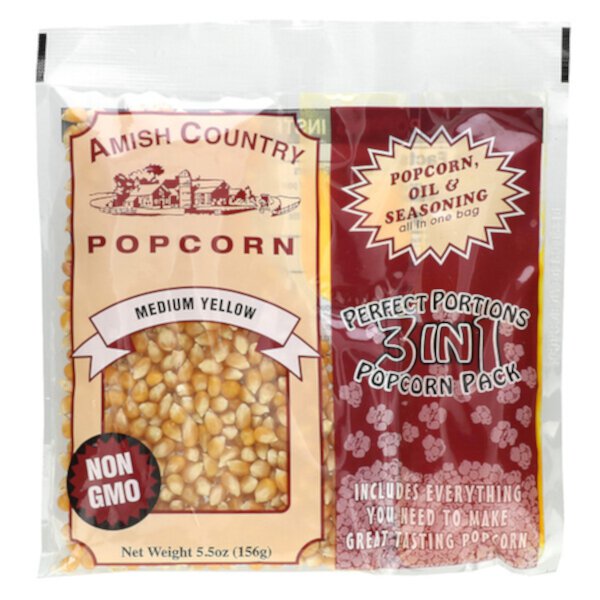 Средний желтый попкорн 3 в 1 - 156 г, без ГМО, все в одном пакете Amish Country Popcorn