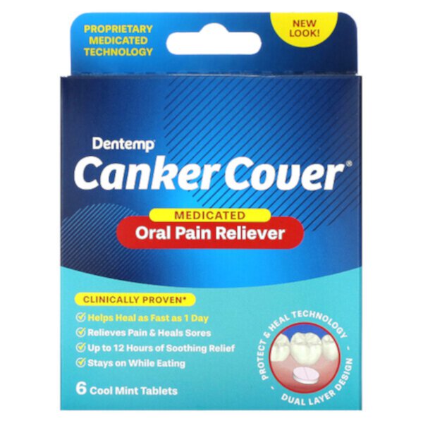 Canker Cover, Лекарственное обезболивающее для полости рта, 6 прохладных мятных таблеток Dentemp