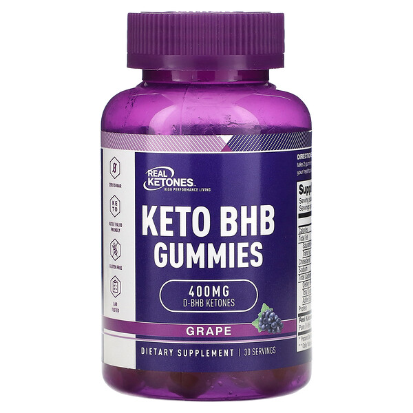 Keto BHB Gummies, Виноград, 400 мг, 30 жевательных конфет (200 мг на жевательную конфету) Real Ketones