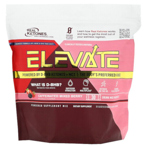 Elevate, Caffeinated Mixed Berry, 30 Drink Mix Packets (Пакеты ),  0.43 oz (Унции) (12.2 g) Each Real Ketones