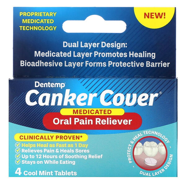 Canker Cover, Лекарственное обезболивающее для полости рта, 4 прохладные мятные таблетки Dentemp