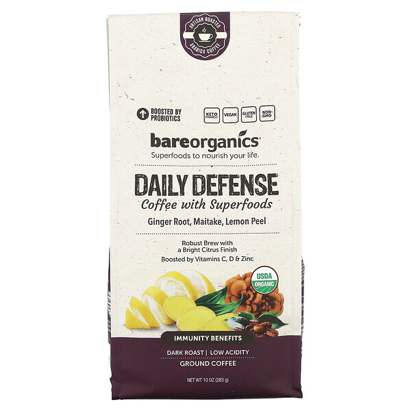 Daily Defense Coffee With Superfoods, Ground, Dark Roast, 10 oz (283 g) BareOrganics