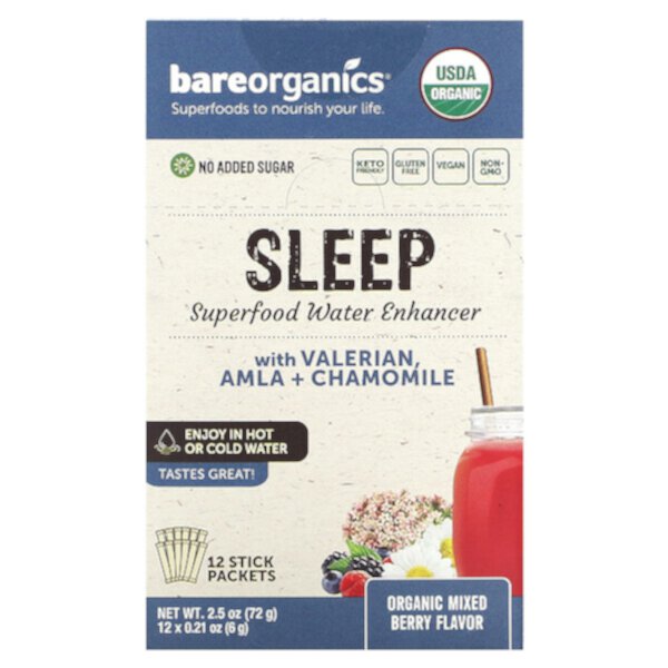 Sleep, Superfood Water Enhancer, органическая ягодная смесь, 12 пакетиков-стиков, 0,21 унции (6 г) каждый BareOrganics